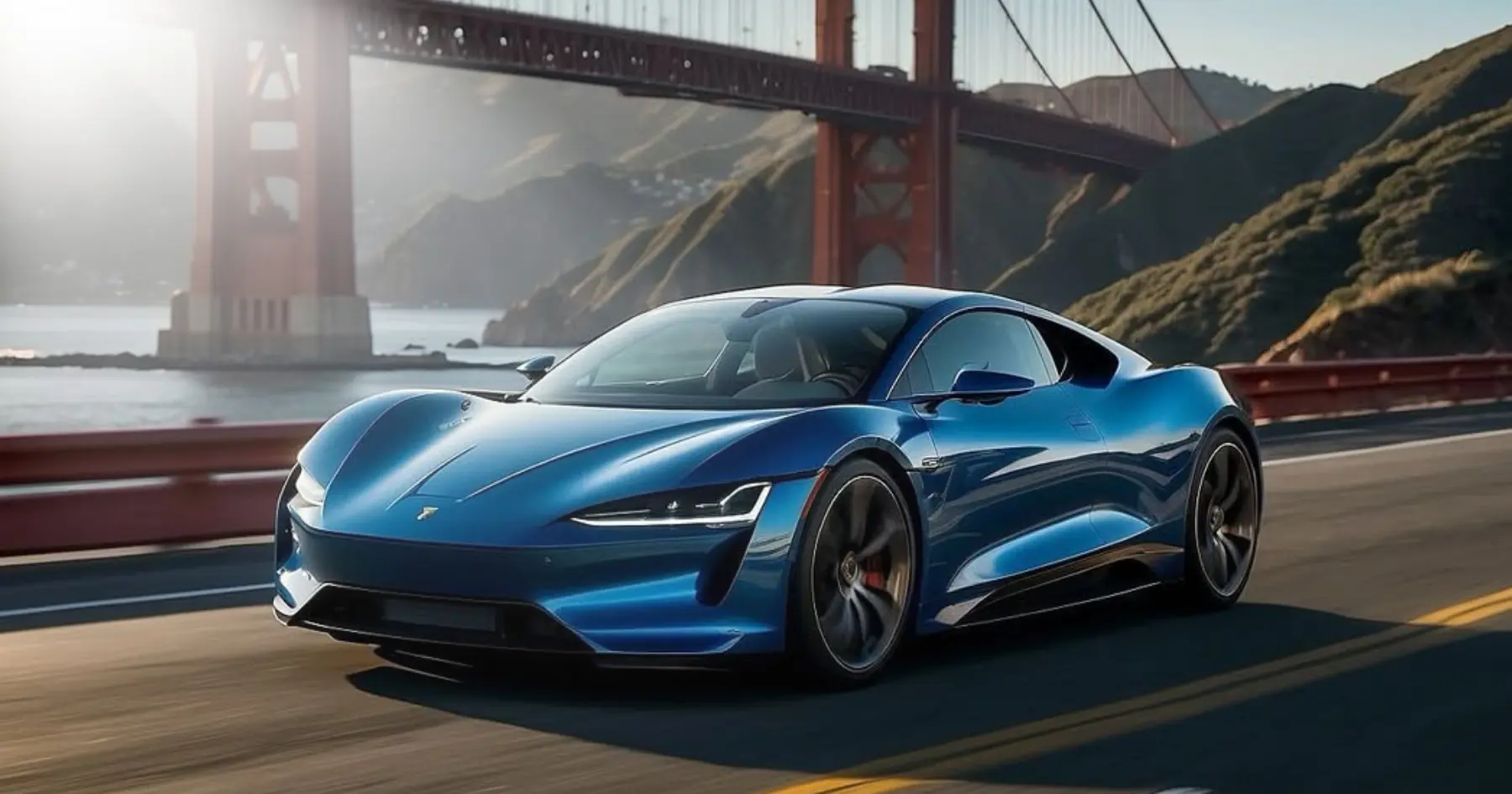 Premium electric vehicle on a coastal highway at sunset